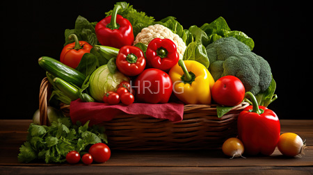 High Resolution: Overflowing wicker basket filled with vibrant fresh vegetables against a black background on dark wooden table download. | HRJPG.com