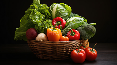 High Resolution: Oval wicker basket filled with various fresh vegetables including red and yellow bell peppers green leafy lettuce heads download. | HRJPG.com