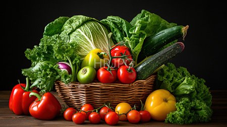 High Resolution: Overflowing wicker basket filled with vibrant fresh vegetables against a dark background on wooden table download. | HRJPG.com