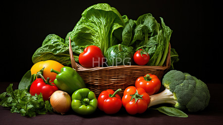 High Resolution: Fresh vegetables in an oval wicker basket against black background featuring vibrant red tomatoes with green stems download. | HRJPG.com