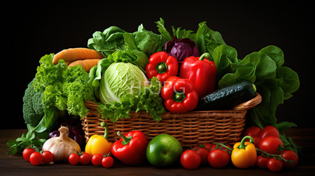 High Resolution: Overflowing wicker basket filled with vibrant vegetables including red bell peppers green and purple cabbage leaves carrots broccoli head download. | HRJPG.com