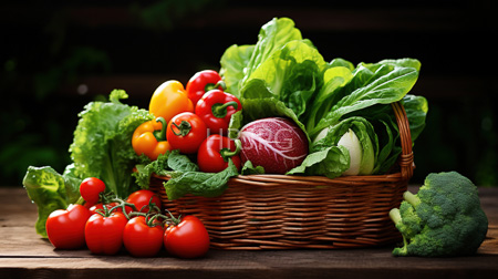 High Resolution: Fresh vegetables in wicker basket on wooden table featuring red tomatoes with green stems download. | HRJPG.com