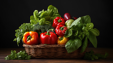 High Resolution: Oval wicker basket filled with vibrant fresh vegetables against a dark background on wooden surface download. | HRJPG.com