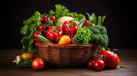 High Resolution: Overflowing wicker basket filled with vibrant fresh vegetables against a dark background on wooden table download. | HRJPG.com
