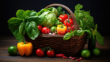 High Resolution: Overflowing wicker basket filled with fresh vegetables including red and yellow bell peppers tomatoes on vine download. | HRJPG.com