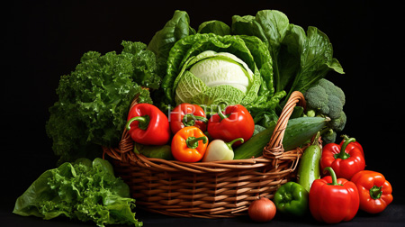 High Resolution: Overflowing wicker basket filled with vibrant fresh vegetables against a black background including red bell peppers green and yellow tomatoes download. | HRJPG.com