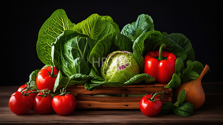 High Resolution: Fresh vegetables on wooden table against black background featuring vibrant red cherry tomatoes with green stems download. | HRJPG.com