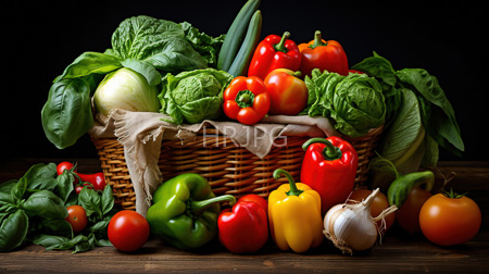 High Resolution: Overflowing wicker basket filled with vibrant vegetables including red and yellow bell peppers green leafy lettuce heads download. | HRJPG.com