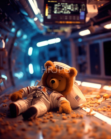 High Resolution: Adorable plush brown bear dressed in white astronaut suit lying on spaceship floor covered in crumbs download. | HRJPG.com
