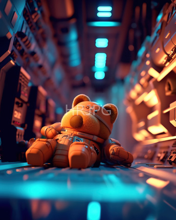 High Resolution: Orange plush teddy bear wearing astronaut gear labeled S1 sitting in a futuristic corridor download. | HRJPG.com