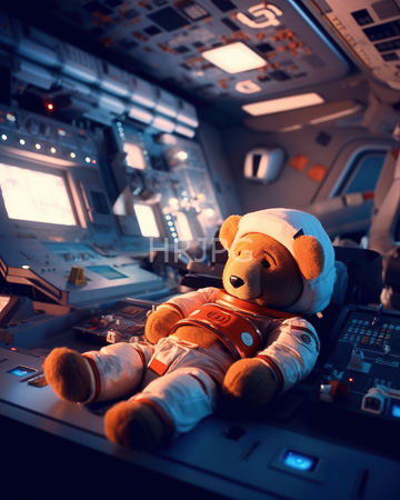 High Resolution: Adorable brown teddy bear dressed in white astronaut gear with orange accents reclining on spaceship control panels download. | HRJPG.com