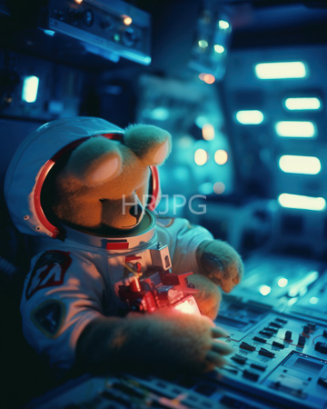 High Resolution: Anthropomorphic teddy bear in white astronaut gear operating futuristic control panels illuminated by blue neon lights download. | HRJPG.com