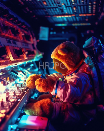 High Resolution: Astronaut with fuzzy bear-like hands and headgear operating control panels in dim blue-orange lighting download. | HRJPG.com