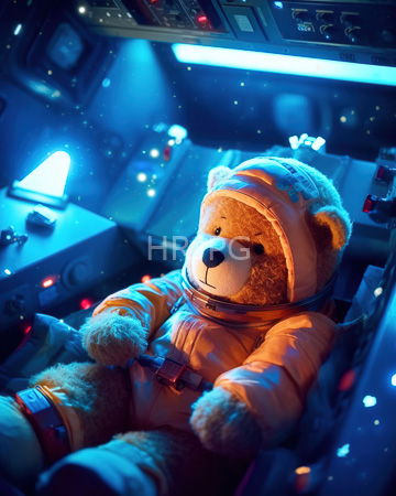 High Resolution: Adorable fluffy brown teddy bear dressed in orange space suit with helmet and straps seated inside futuristic spaceship cockpit download. | HRJPG.com