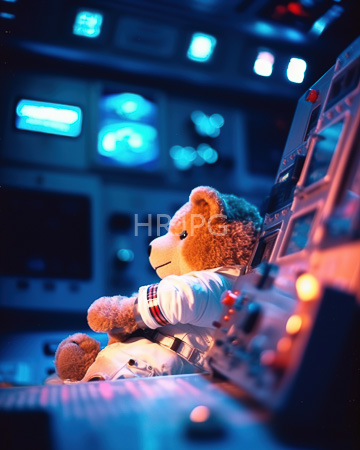 High Resolution: Adorable brown teddy bear dressed in white astronaut attire with red stripes sitting on control panels download. | HRJPG.com