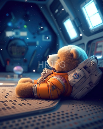 High Resolution: Adorable fluffy brown teddy bear in orange astronaut gear reclining against futuristic spaceship controls download. | HRJPG.com