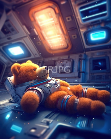 High Resolution: Orange fluffy teddy bear in astronaut gear lying on its back inside a futuristic spaceship's cockpit download. | HRJPG.com
