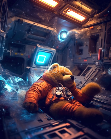High Resolution: Anthropomorphic teddy bear in orange space suit with breathing apparatus sitting on spaceship control panel download. | HRJPG.com
