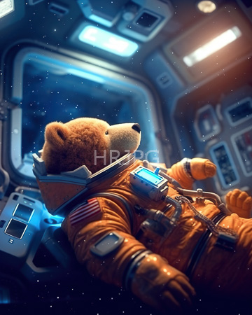 High Resolution: Anthropomorphic brown bear in orange space suit floating inside futuristic spacecraft with illuminated control panels download. | HRJPG.com