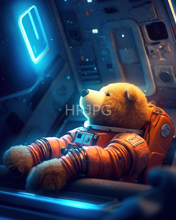 High Resolution: Anthropomorphic bear in orange space suit reclining inside futuristic spaceship cockpit download. | HRJPG.com