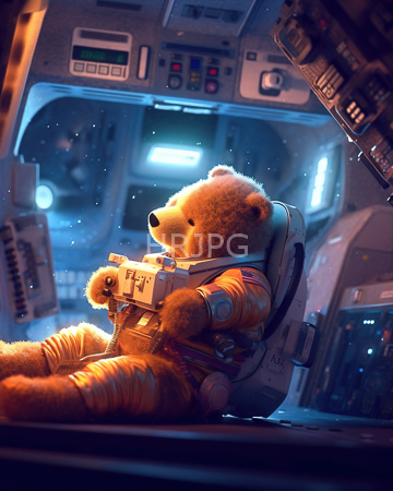 High Resolution: Anthropomorphic teddy bear in orange space suit seated and operating controls inside futuristic spaceship cockpit download. | HRJPG.com