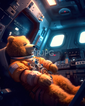 High Resolution: Anthropomorphic fluffy brown bear in orange NASA-style space suit seated inside futuristic spacecraft cockpit download. | HRJPG.com
