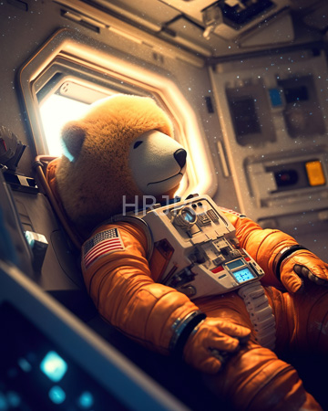 High Resolution: Anthropomorphic bear in orange astronaut suit floating inside space station module illuminated by soft light download. | HRJPG.com