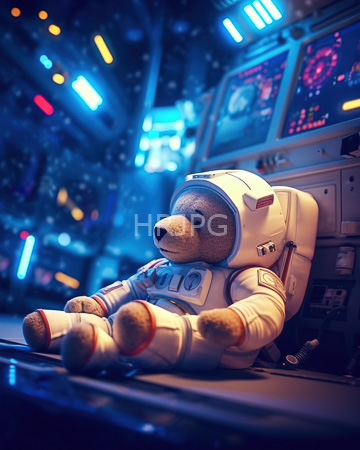 High Resolution: Anthropomorphic teddy bear in white astronaut suit with A110 on chest seated against spaceship control panel download. | HRJPG.com