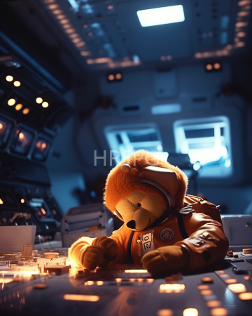 High Resolution: Orange teddy bear in a detailed futuristic space cockpit wearing a brown astronaut suit with 17 on its chest download. | HRJPG.com