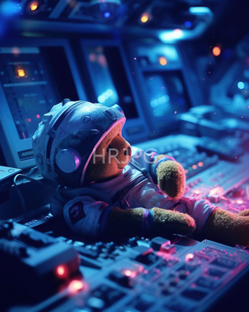 High Resolution: Anthropomorphic teddy bear in astronaut gear including helmet and spacesuit lying relaxed at spaceship control panel download. | HRJPG.com