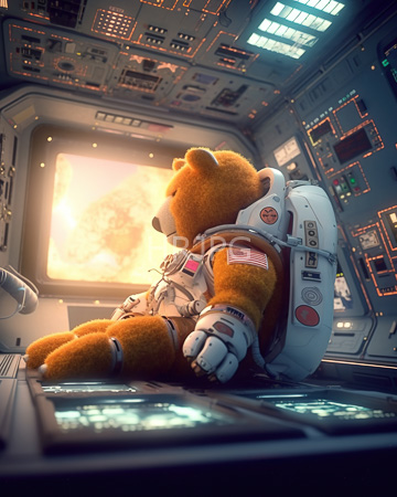 High Resolution: Orange teddy bear in astronaut gear sitting on spaceship floor with control panels and screens around download. | HRJPG.com