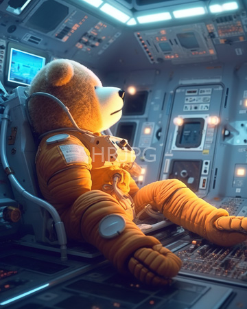 High Resolution: Anthropomorphic bear in orange space suit seated inside futuristic spaceship cockpit with illuminated control panels download. | HRJPG.com