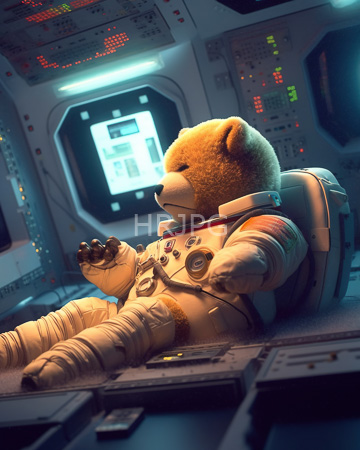 High Resolution: Anthropomorphic fluffy brown bear in white astronaut suit with red trim and backpack floating inside futuristic spaceship cockpit download. | HRJPG.com