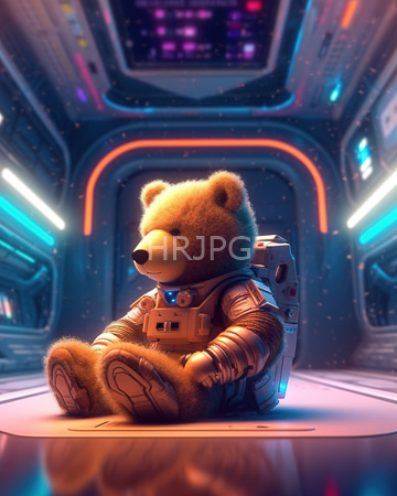 High Resolution: Anthropomorphic bear in a detailed futuristic space suit sitting on a metallic floor inside a sci-fi spaceship corridor download. | HRJPG.com
