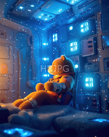 High Resolution: Anthropomorphic bear in orange astronaut suit sitting on gray cushioned bench inside futuristic spaceship download. | HRJPG.com