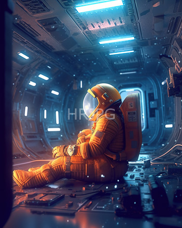 High Resolution: Astronaut in orange spacesuit with reflective helmet sitting on spaceship floor against curved metallic walls download. | HRJPG.com