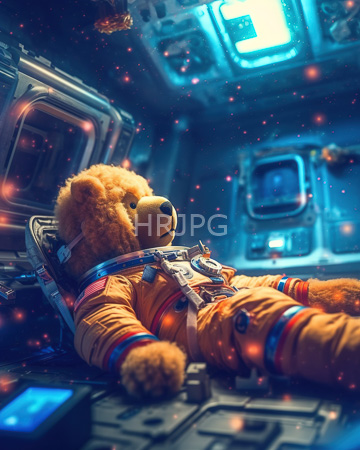 High Resolution: Adorable fluffy brown teddy bear in orange astronaut gear lying on futuristic spaceship floor download. | HRJPG.com