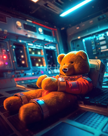 High Resolution: Orange plush teddy bear in a detailed astronaut suit seated comfortably inside a futuristic spaceship cockpit download. | HRJPG.com
