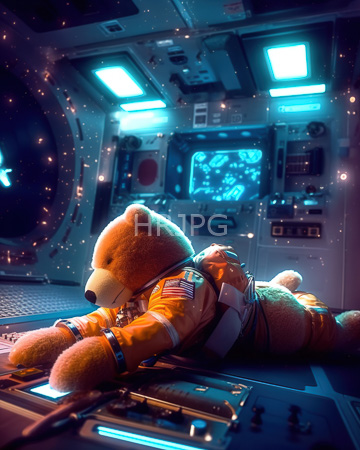 High Resolution: Anthropomorphic brown teddy bear in orange astronaut suit lying on futuristic spaceship floor with glowing blue panels download. | HRJPG.com