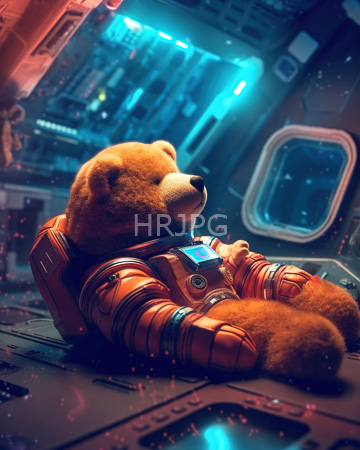 High Resolution: Adorable plush brown bear wearing detailed orange and black astronaut armor with glowing blue buttons download. | HRJPG.com