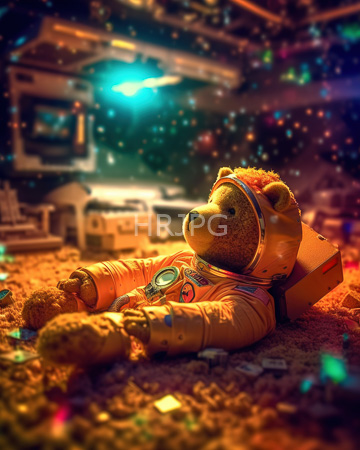 High Resolution: Adorable plush bear dressed in orange astronaut gear lying on sandy ground inside a colorful space-themed set download. | HRJPG.com