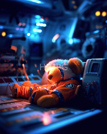 High Resolution: Anthropomorphic teddy bear in orange astronaut gear resting on spaceship controls under blue neon lighting download. | HRJPG.com