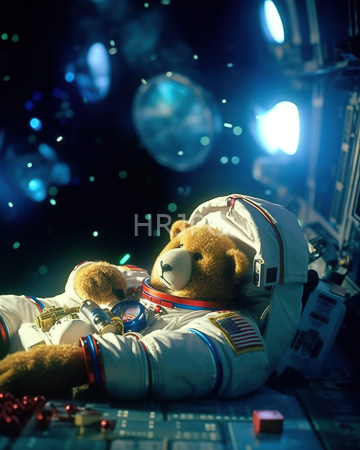 High Resolution: Anthropomorphic brown bear in white astronaut gear lying on space mission control panel download. | HRJPG.com