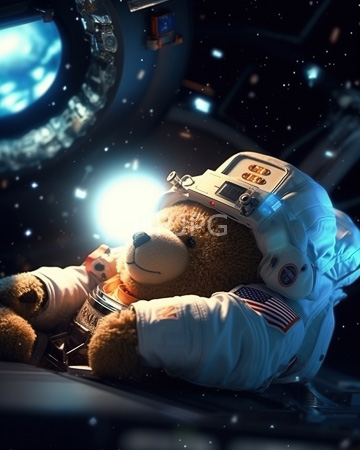 High Resolution: Anthropomorphic brown teddy bear in a blue astronaut suit holding a glowing light source inside a spacecraft's darkened interior download. | HRJPG.com