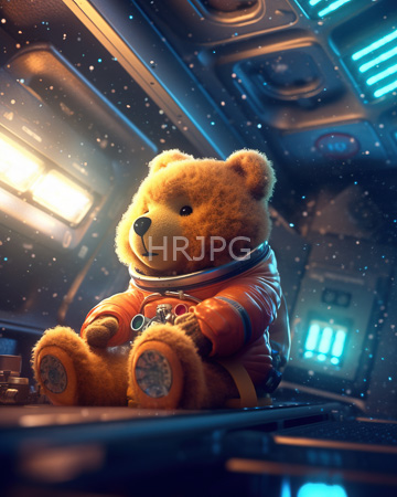 High Resolution: Adorable fluffy brown teddy bear wearing a red-orange space suit sitting in a futuristic spaceship cockpit download. | HRJPG.com