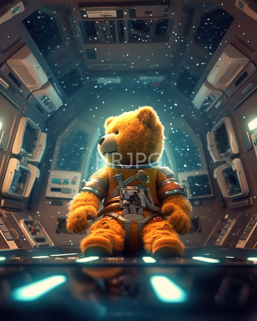 High Resolution: Orange fluffy teddy bear in astronaut gear sitting centered within a futuristic spaceship cockpit download. | HRJPG.com
