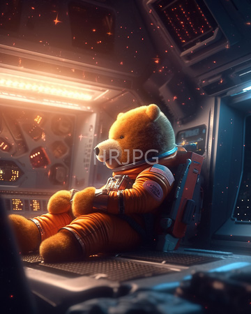 High Resolution: Anthropomorphic bear in orange space suit sitting relaxed on spaceship's metallic floor download. | HRJPG.com