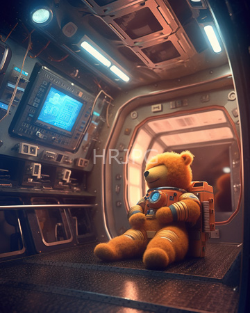 High Resolution: Anthropomorphic orange-furred teddy bear in futuristic astronaut gear sitting inside a metallic spaceship cockpit download. | HRJPG.com