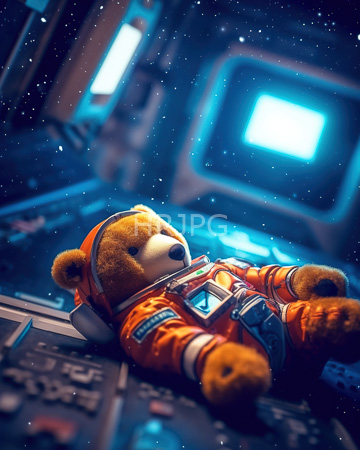 High Resolution: Adorable plush teddy bear dressed in realistic orange astronaut gear lying on futuristic spaceship controls download. | HRJPG.com