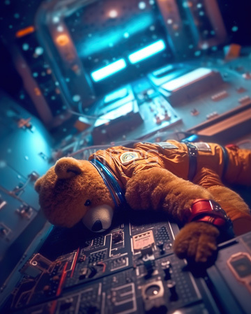 High Resolution: Anthropomorphic brown teddy bear in orange astronaut suit lying asleep over spaceship control panel buttons download. | HRJPG.com